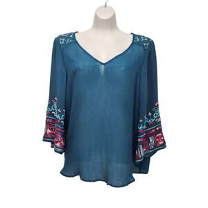 Anthropologie Fig & Flower Teal Crepe Gauzy Floral Embroidered Blouse Women's M